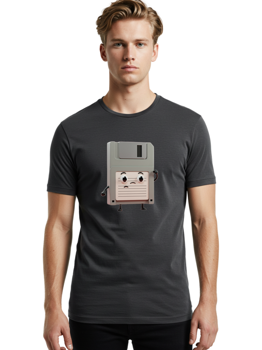 Sad-Floppy-Disk Men'S Graphic Tee, 100% Cotton, Comfortable Casual Summer Wear, Machine Washable, Retro Floppy Disk, Cartoon Character, Anthropomorphic Design, Sad Expression, 3D Rendering, Nostalgic Tech, Retro Computing, Bab373
