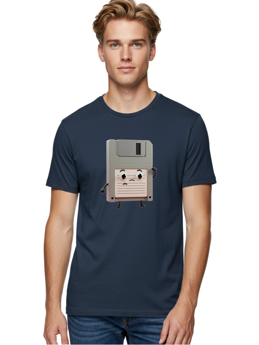 Sad-Floppy-Disk Men'S Graphic Tee, 100% Cotton, Comfortable Casual Summer Wear, Machine Washable, Retro Floppy Disk, Cartoon Character, Anthropomorphic Design, Sad Expression, 3D Rendering, Nostalgic Tech, Retro Computing, Bab373