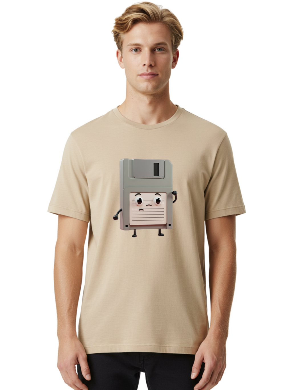 Sad-Floppy-Disk Men'S Graphic Tee, 100% Cotton, Comfortable Casual Summer Wear, Machine Washable, Retro Floppy Disk, Cartoon Character, Anthropomorphic Design, Sad Expression, 3D Rendering, Nostalgic Tech, Retro Computing, Bab373