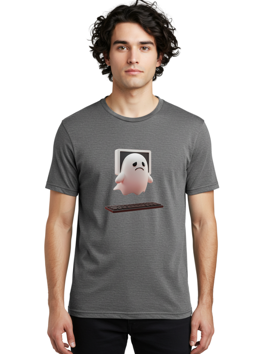 Sad-Ghost Men'S Graphic Tee, 100% Cotton, Comfortable Casual Summer Wear, Machine Washable, Sad Ghost, Unhappy Facial Expression, Ghost Character, Computer Monitor, Keyboard, Digital Illustration, 3D Rendering, Cartoon Ghost, Frowning Face Bab374