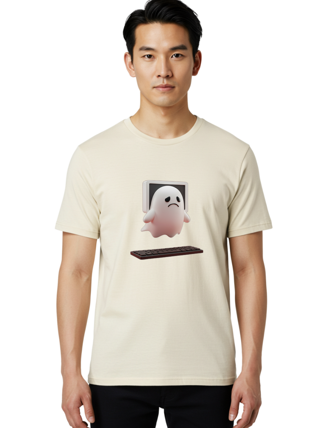 Sad-Ghost Men'S Graphic Tee, 100% Cotton, Comfortable Casual Summer Wear, Machine Washable, Sad Ghost, Unhappy Facial Expression, Ghost Character, Computer Monitor, Keyboard, Digital Illustration, 3D Rendering, Cartoon Ghost, Frowning Face Bab374