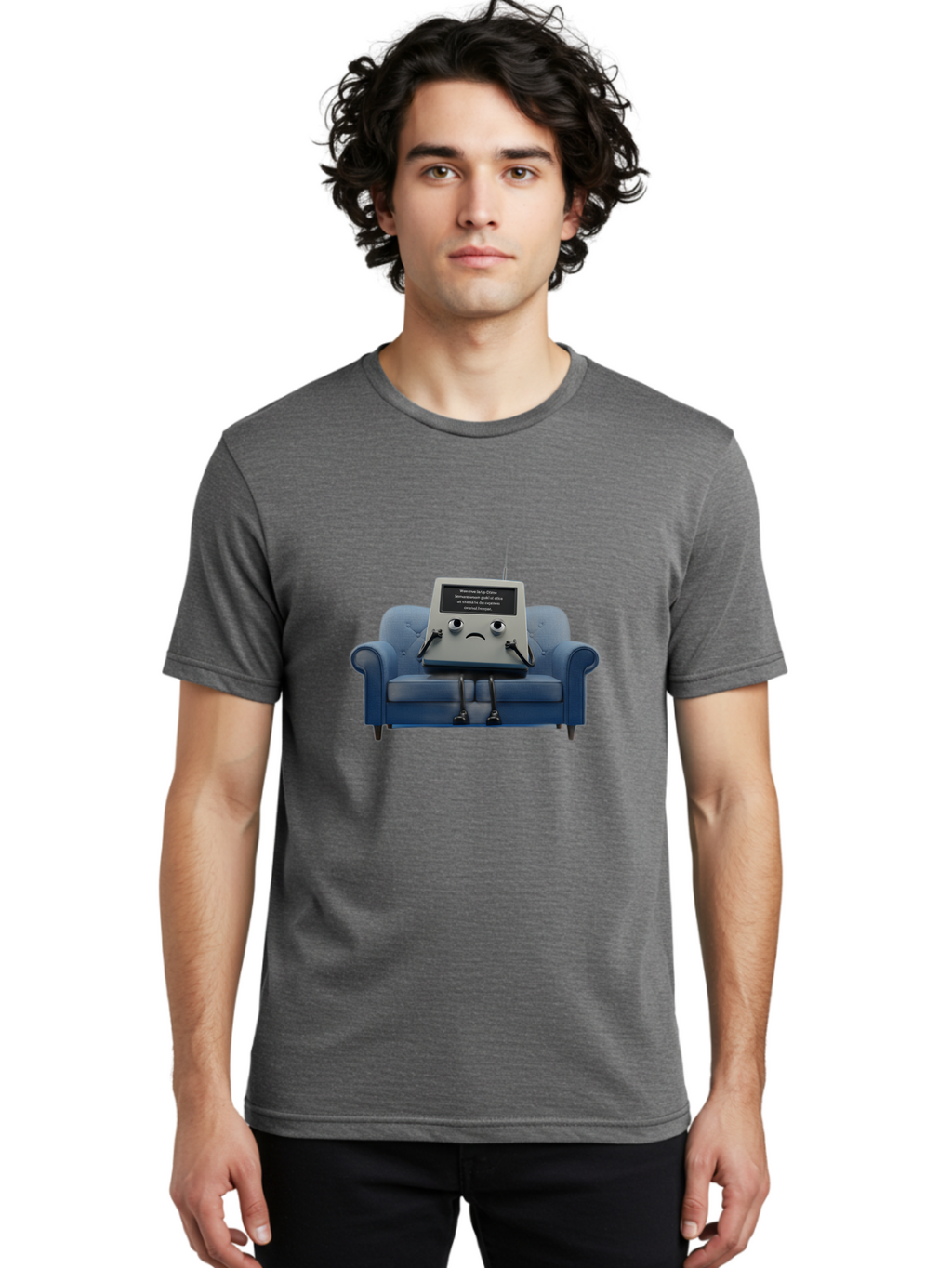 Sad-Laptop Men'S Graphic Tee, 100% Cotton, Comfortable Casual Summer Wear, Machine Washable, Sad Computer On Sofa, Blue Armchair, Frowning Face, Black Screen, Robotic Legs, Error Message, Quirky Character, Futuristic Design, Tech Humor, Bab375