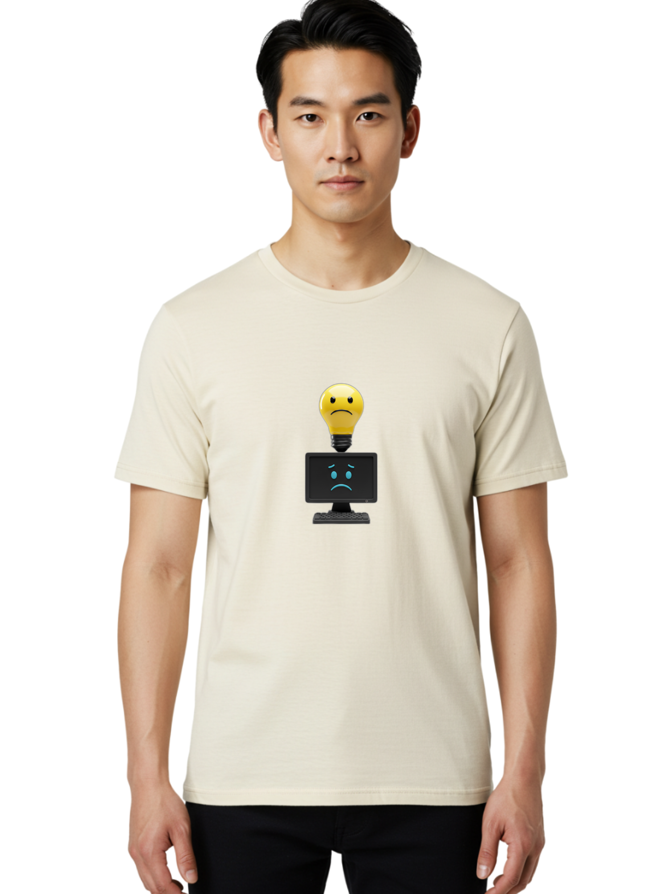 Sad-Light-Bulb Men'S Graphic Tee, 100% Cotton, Comfortable Casual Summer Wear, Machine Washable, Sad Emoji, Frowning Face, Unhappy Computer, Disappointing Technology, Frustrations, Negative Emotions, Distress, Gloomy Atmosphere, Bab376