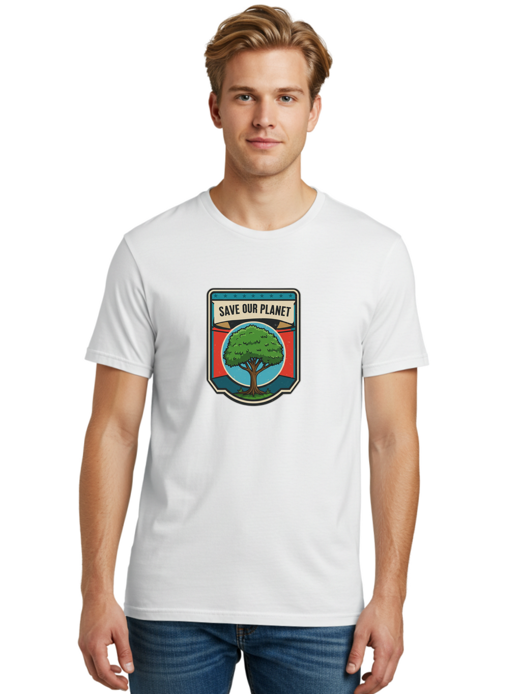 Save-Our-Planet-1 Men'S Graphic Tee, 100% Cotton, Comfortable Casual Summer Wear, Machine Washable, Eco-Friendly Logo, Tree Conservation, Environmental Protection, Green Initiative, Save The Planet, Eco Activism, Earth Day Symbol Bab377