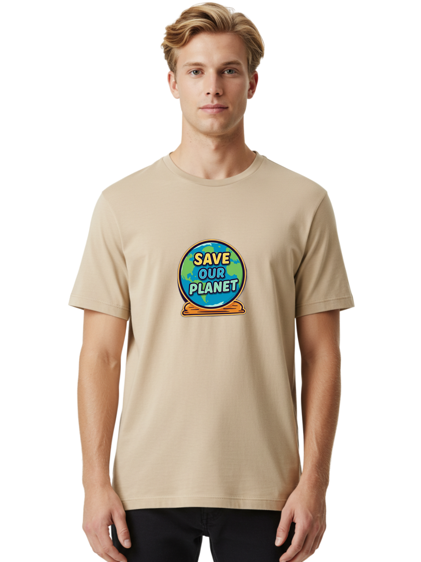 Save-Our-Planet-2 Men'S Graphic Tee, 100% Cotton, Comfortable Casual Summer Wear, Machine Washable, Globe With Save Our Planet Text, Eco-Friendly Message, Environmental Awareness, Earth Conservation, Sustainability, Global Unity, Bab378