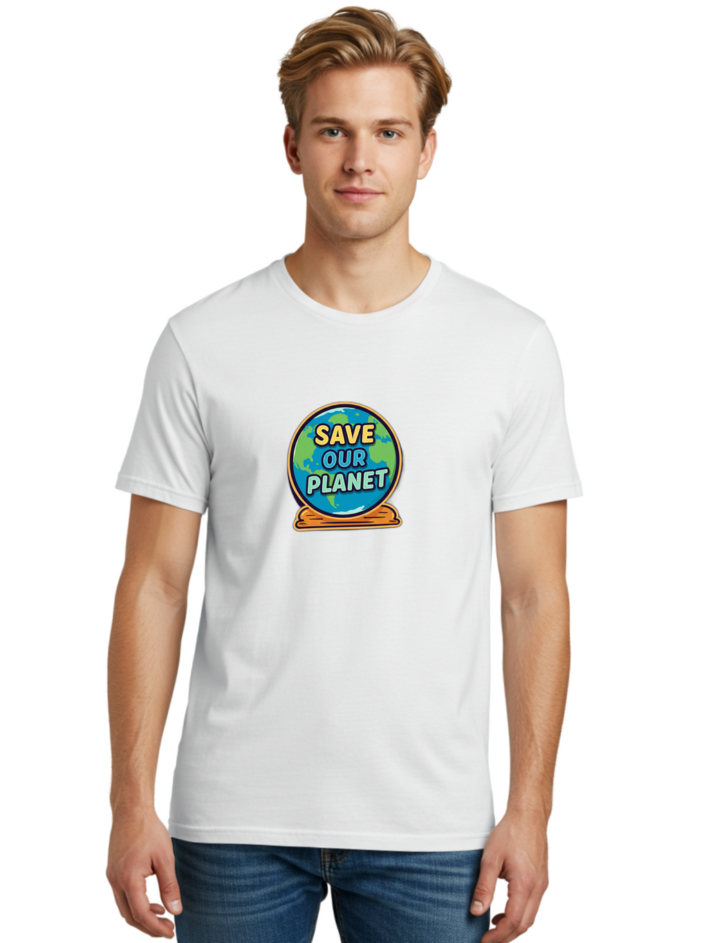 Save-Our-Planet-2 Men'S Graphic Tee, 100% Cotton, Comfortable Casual Summer Wear, Machine Washable, Globe With Save Our Planet Text, Eco-Friendly Message, Environmental Awareness, Earth Conservation, Sustainability, Global Unity, Bab378