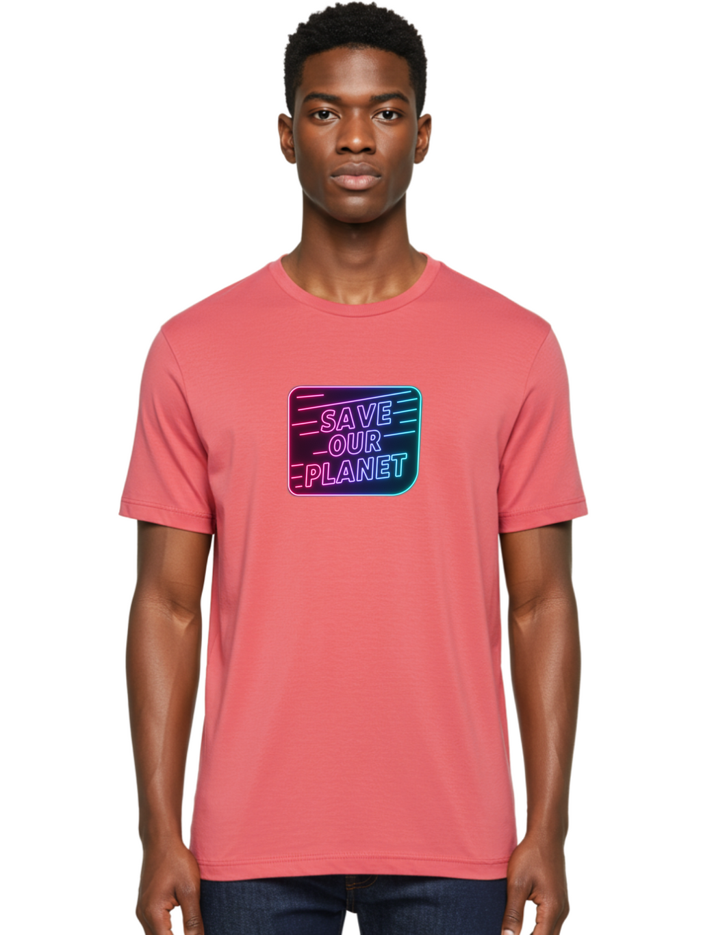 Save-Our-Planet-3 Men'S Graphic Tee, 100% Cotton, Comfortable Casual Summer Wear, Machine Washable, Neon Sign, Save Our Planet, Environmental Awareness, Eco-Friendly Message, Sustainability, Conservation, Activism, Social Impact, Neon Lights Bab379