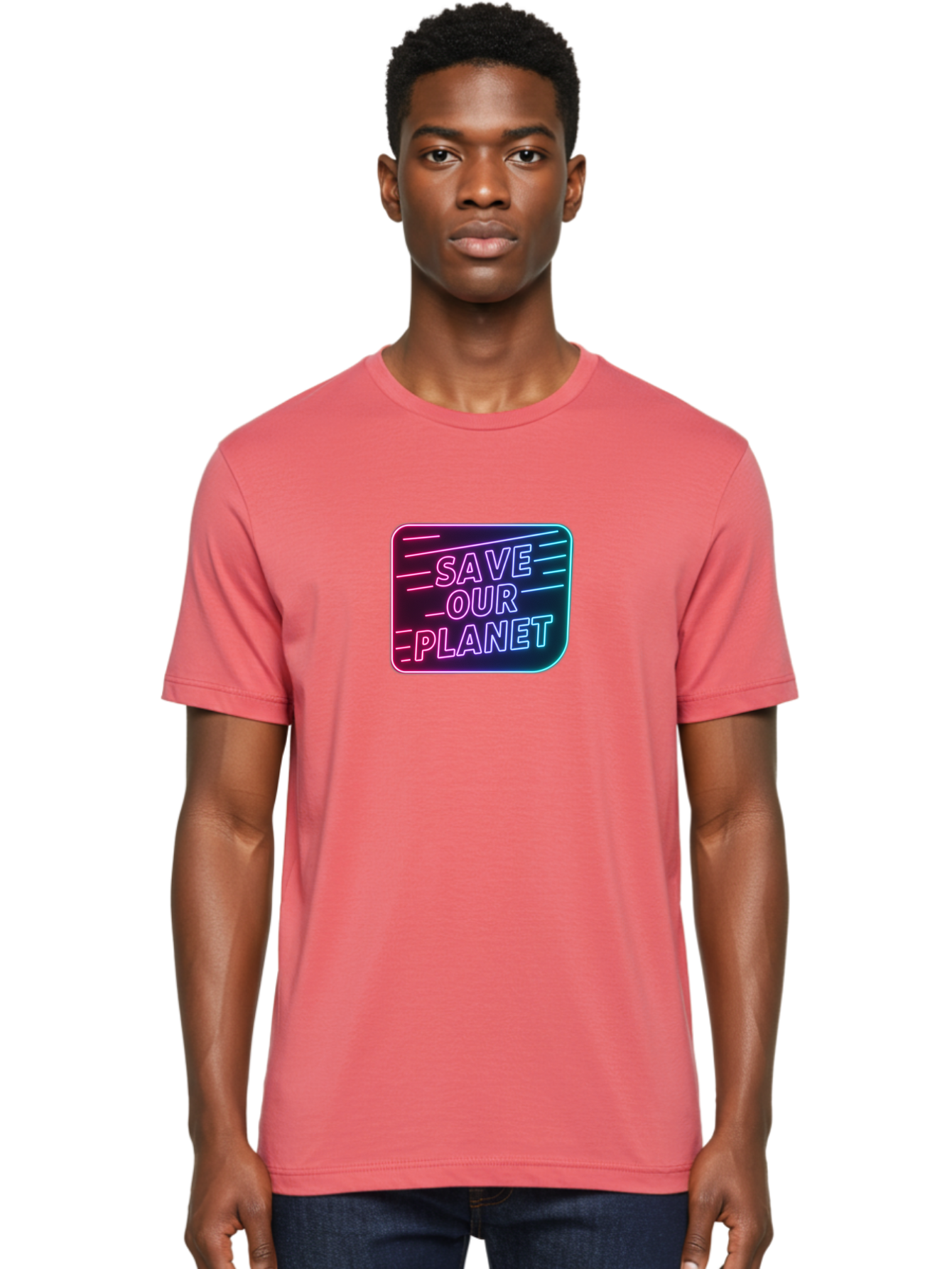Save-Our-Planet-3 Men'S Graphic Tee, 100% Cotton, Comfortable Casual Summer Wear, Machine Washable, Neon Sign, Save Our Planet, Environmental Awareness, Eco-Friendly Message, Sustainability, Conservation, Activism, Social Impact, Neon Lights Bab379