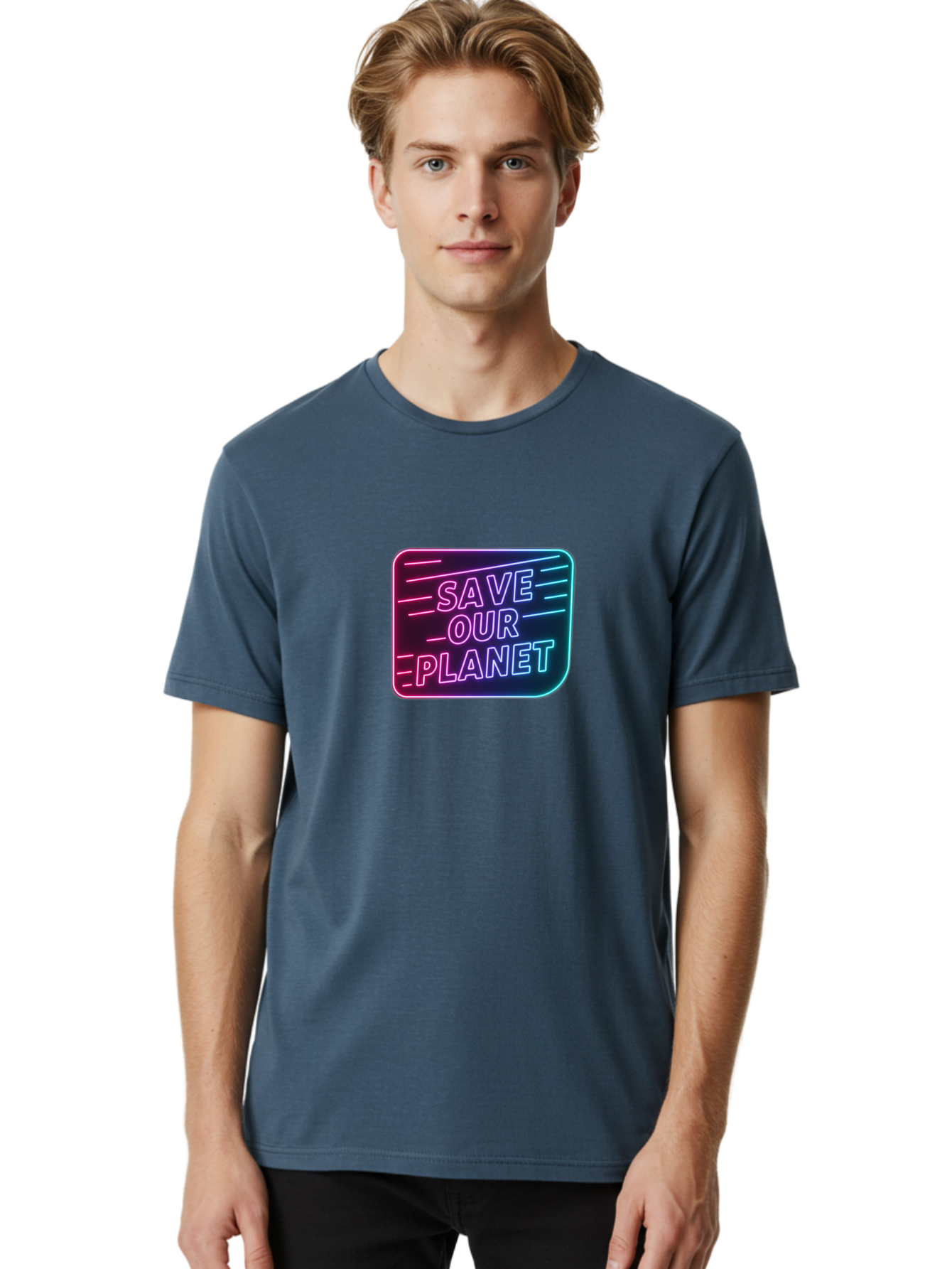 Save-Our-Planet-3 Men'S Graphic Tee, 100% Cotton, Comfortable Casual Summer Wear, Machine Washable, Neon Sign, Save Our Planet, Environmental Awareness, Eco-Friendly Message, Sustainability, Conservation, Activism, Social Impact, Neon Lights Bab379