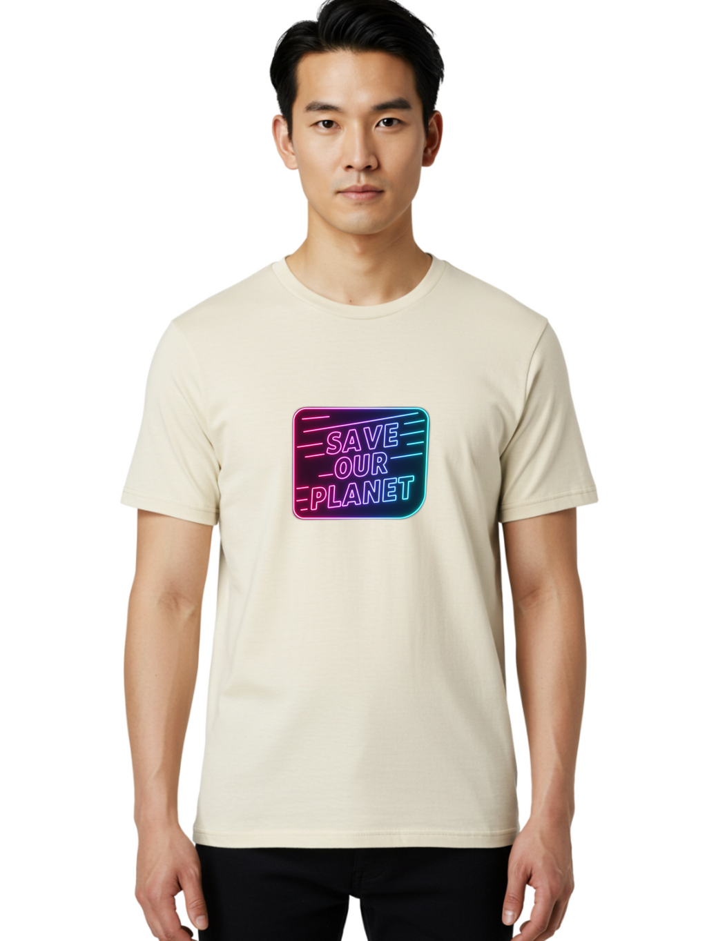 Save-Our-Planet-3 Men'S Graphic Tee, 100% Cotton, Comfortable Casual Summer Wear, Machine Washable, Neon Sign, Save Our Planet, Environmental Awareness, Eco-Friendly Message, Sustainability, Conservation, Activism, Social Impact, Neon Lights Bab379