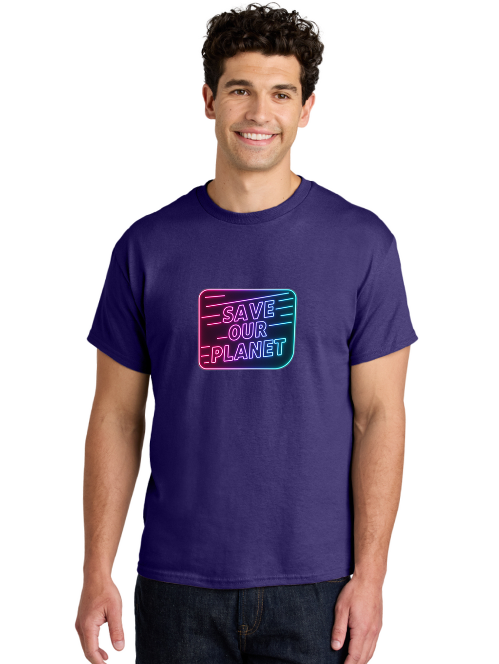 Save-Our-Planet-3 Men'S Graphic Tee, 100% Cotton, Comfortable Casual Summer Wear, Machine Washable, Neon Sign, Save Our Planet, Environmental Awareness, Eco-Friendly Message, Sustainability, Conservation, Activism, Social Impact, Neon Lights Bab379