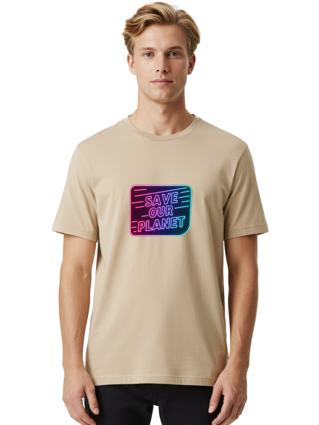 Save-Our-Planet-3 Men'S Graphic Tee, 100% Cotton, Comfortable Casual Summer Wear, Machine Washable, Neon Sign, Save Our Planet, Environmental Awareness, Eco-Friendly Message, Sustainability, Conservation, Activism, Social Impact, Neon Lights Bab379