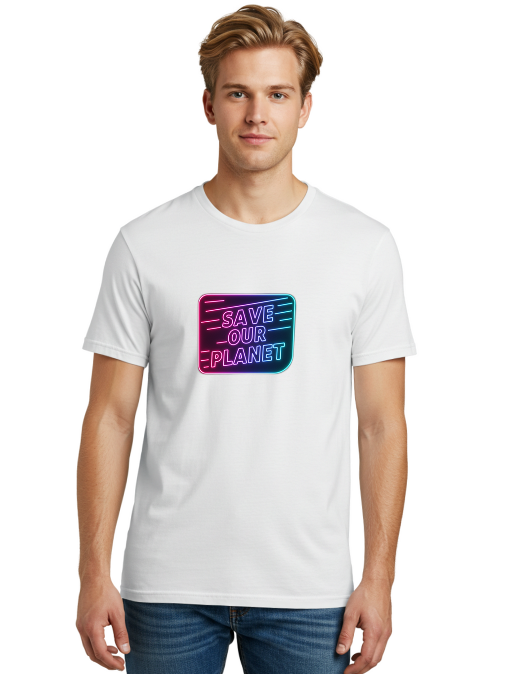 Save-Our-Planet-3 Men'S Graphic Tee, 100% Cotton, Comfortable Casual Summer Wear, Machine Washable, Neon Sign, Save Our Planet, Environmental Awareness, Eco-Friendly Message, Sustainability, Conservation, Activism, Social Impact, Neon Lights Bab379