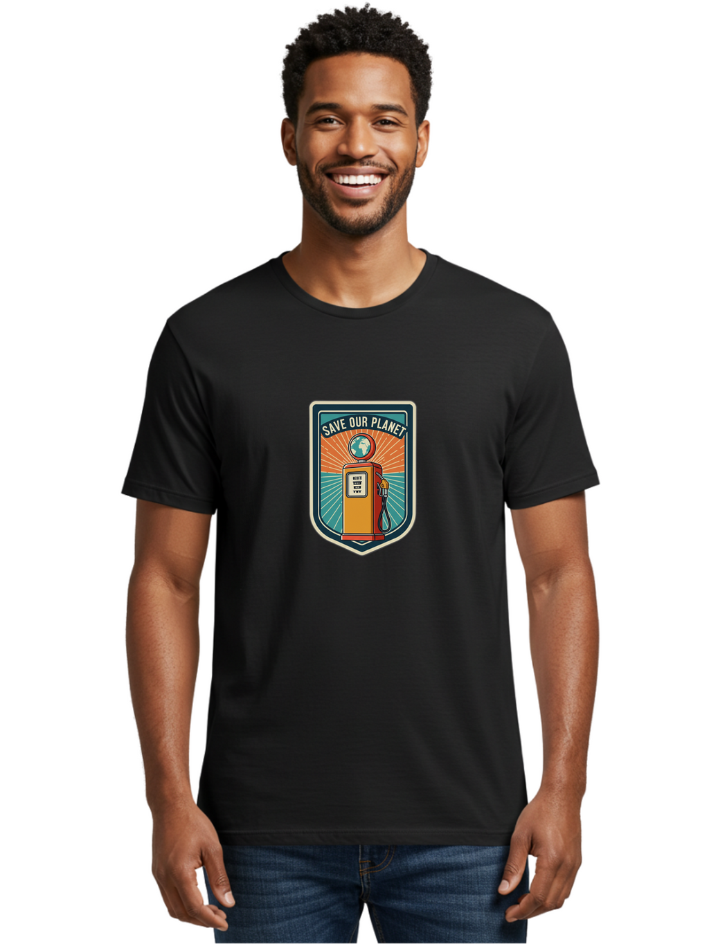 Save-Our-Planet-4 Men'S Graphic Tee, 100% Cotton, Comfortable Casual Summer Wear, Machine Washable, Gas Pump, Eco-Friendly Message, Save Our Planet, Environmental Awareness, Sustainable Living, Green Initiative, Retro-Futuristic Design, Bab380