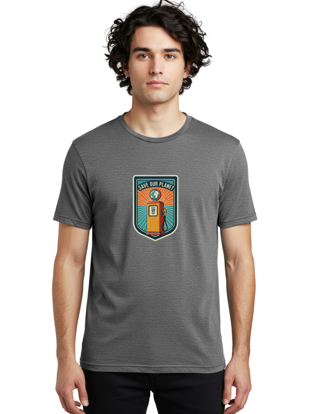 Save-Our-Planet-4 Men'S Graphic Tee, 100% Cotton, Comfortable Casual Summer Wear, Machine Washable, Gas Pump, Eco-Friendly Message, Save Our Planet, Environmental Awareness, Sustainable Living, Green Initiative, Retro-Futuristic Design, Bab380
