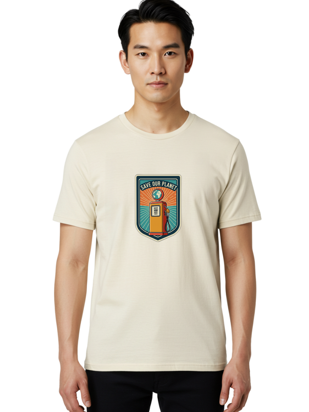 Save-Our-Planet-4 Men'S Graphic Tee, 100% Cotton, Comfortable Casual Summer Wear, Machine Washable, Gas Pump, Eco-Friendly Message, Save Our Planet, Environmental Awareness, Sustainable Living, Green Initiative, Retro-Futuristic Design, Bab380