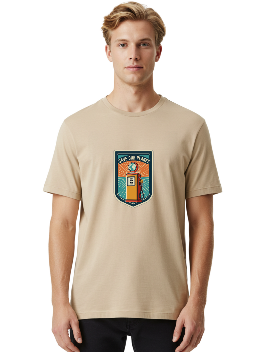 Save-Our-Planet-4 Men'S Graphic Tee, 100% Cotton, Comfortable Casual Summer Wear, Machine Washable, Gas Pump, Eco-Friendly Message, Save Our Planet, Environmental Awareness, Sustainable Living, Green Initiative, Retro-Futuristic Design, Bab380