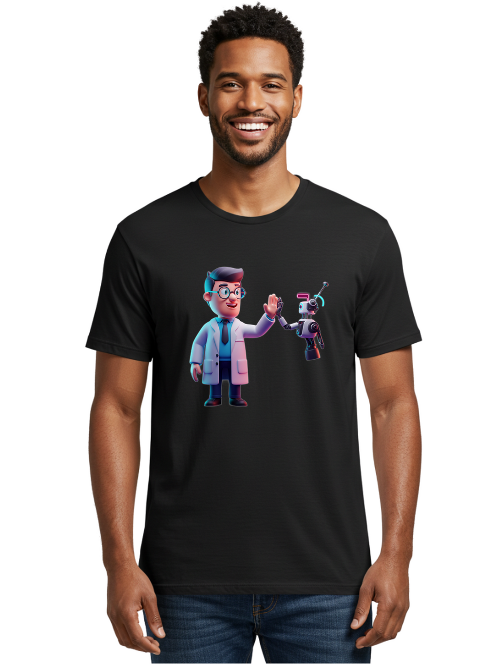 Scientist-And-Robot Men'S Graphic Tee, 100% Cotton, Comfortable Casual Summer Wear, Machine Washable, Scientist In Lab Coat, Robot Companion, High Five Gesture, Futuristic Technology, Artificial Intelligence, Collaboration, Teamwork, Bab387