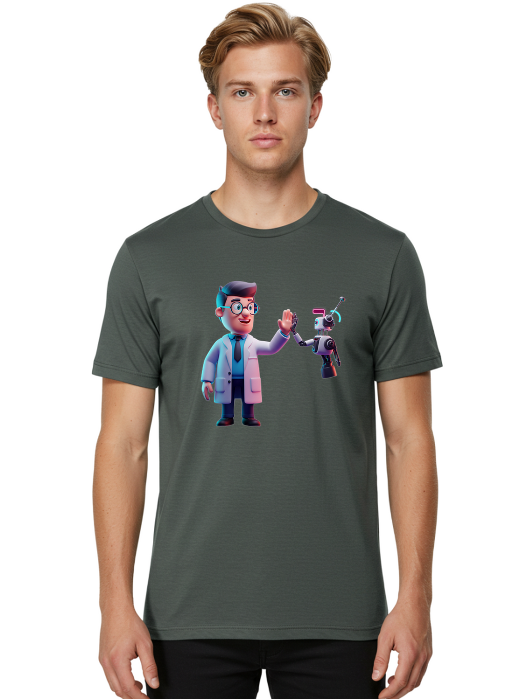 Scientist-And-Robot Men'S Graphic Tee, 100% Cotton, Comfortable Casual Summer Wear, Machine Washable, Scientist In Lab Coat, Robot Companion, High Five Gesture, Futuristic Technology, Artificial Intelligence, Collaboration, Teamwork, Bab387