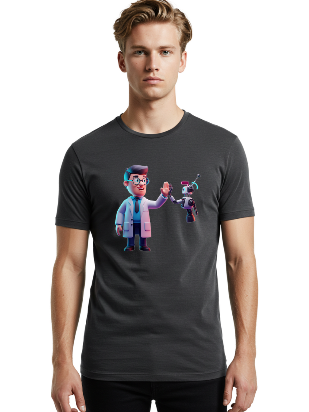 Scientist-And-Robot Men'S Graphic Tee, 100% Cotton, Comfortable Casual Summer Wear, Machine Washable, Scientist In Lab Coat, Robot Companion, High Five Gesture, Futuristic Technology, Artificial Intelligence, Collaboration, Teamwork, Bab387