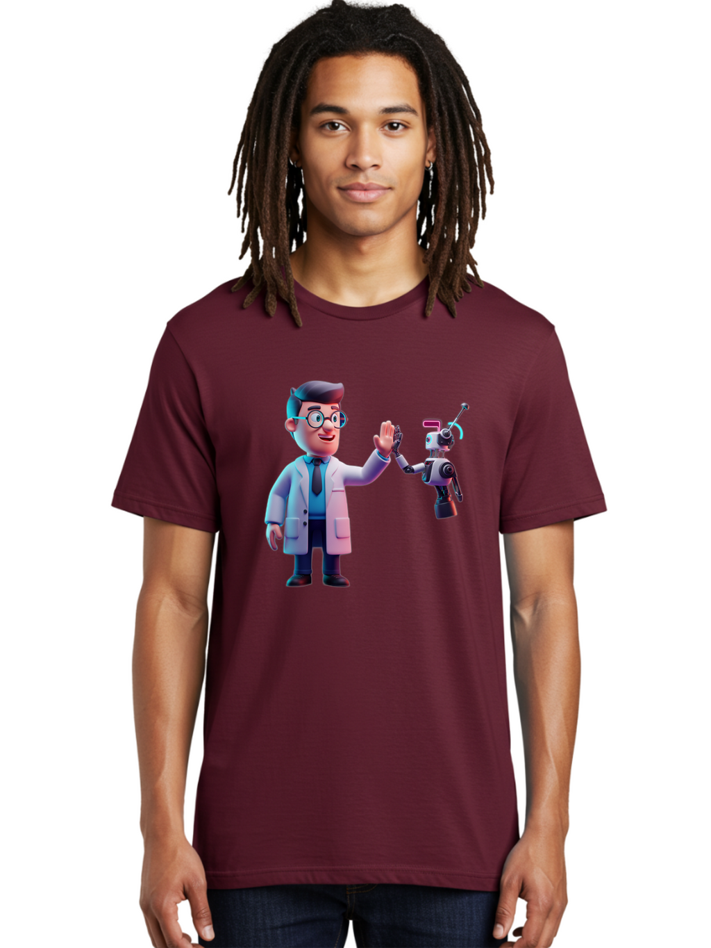 Scientist-And-Robot Men'S Graphic Tee, 100% Cotton, Comfortable Casual Summer Wear, Machine Washable, Scientist In Lab Coat, Robot Companion, High Five Gesture, Futuristic Technology, Artificial Intelligence, Collaboration, Teamwork, Bab387