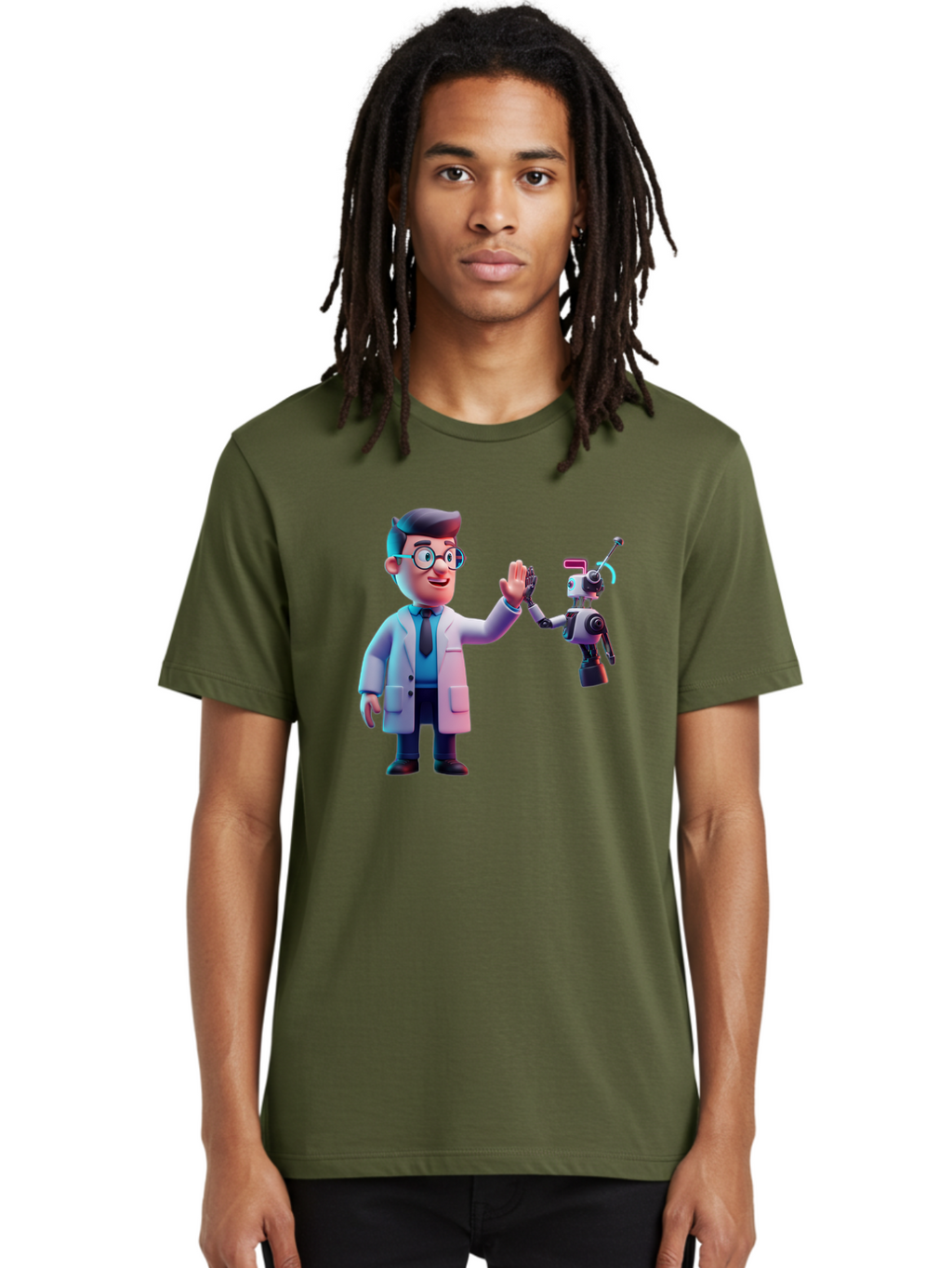 Scientist-And-Robot Men'S Graphic Tee, 100% Cotton, Comfortable Casual Summer Wear, Machine Washable, Scientist In Lab Coat, Robot Companion, High Five Gesture, Futuristic Technology, Artificial Intelligence, Collaboration, Teamwork, Bab387