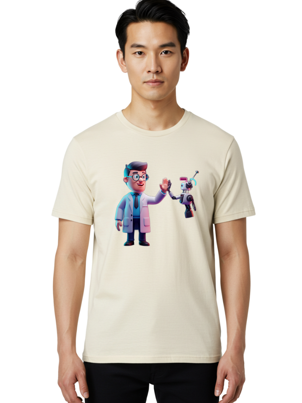 Scientist-And-Robot Men'S Graphic Tee, 100% Cotton, Comfortable Casual Summer Wear, Machine Washable, Scientist In Lab Coat, Robot Companion, High Five Gesture, Futuristic Technology, Artificial Intelligence, Collaboration, Teamwork, Bab387