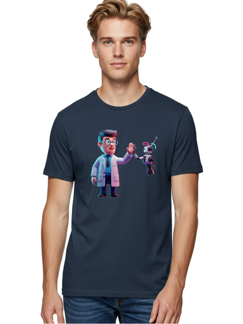 Scientist-And-Robot Men'S Graphic Tee, 100% Cotton, Comfortable Casual Summer Wear, Machine Washable, Scientist In Lab Coat, Robot Companion, High Five Gesture, Futuristic Technology, Artificial Intelligence, Collaboration, Teamwork, Bab387
