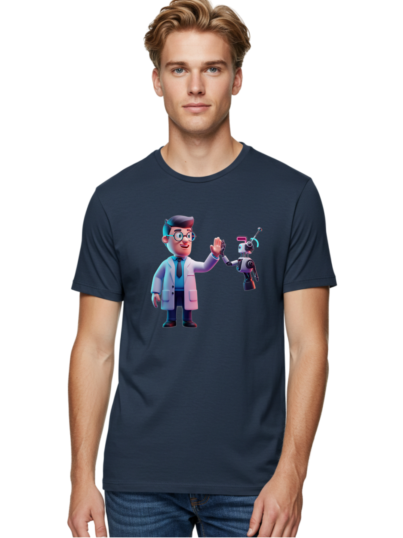 Scientist-And-Robot Men'S Graphic Tee, 100% Cotton, Comfortable Casual Summer Wear, Machine Washable, Scientist In Lab Coat, Robot Companion, High Five Gesture, Futuristic Technology, Artificial Intelligence, Collaboration, Teamwork, Bab387