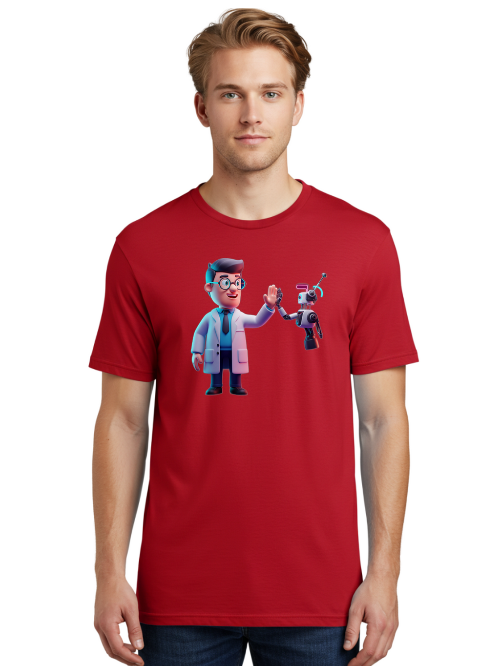 Scientist-And-Robot Men'S Graphic Tee, 100% Cotton, Comfortable Casual Summer Wear, Machine Washable, Scientist In Lab Coat, Robot Companion, High Five Gesture, Futuristic Technology, Artificial Intelligence, Collaboration, Teamwork, Bab387