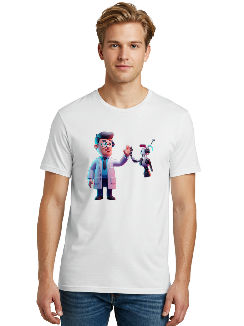 Scientist-And-Robot Men'S Graphic Tee, 100% Cotton, Comfortable Casual Summer Wear, Machine Washable, Scientist In Lab Coat, Robot Companion, High Five Gesture, Futuristic Technology, Artificial Intelligence, Collaboration, Teamwork, Bab387