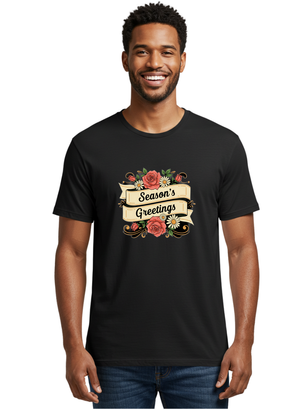 Season-S-Greetings Men'S Graphic Tee, 100% Cotton, Comfortable Casual Summer Wear, Machine Washable, Vintage Floral Design, Roses And Daisies, Festive Holiday Greeting, Elegant Black Script, Classic Christmas Theme, Warm Winter Wishes, Bab388