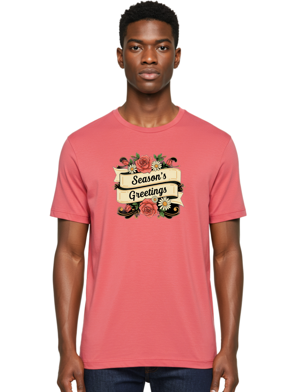Season-S-Greetings Men'S Graphic Tee, 100% Cotton, Comfortable Casual Summer Wear, Machine Washable, Vintage Floral Design, Roses And Daisies, Festive Holiday Greeting, Elegant Black Script, Classic Christmas Theme, Warm Winter Wishes, Bab388