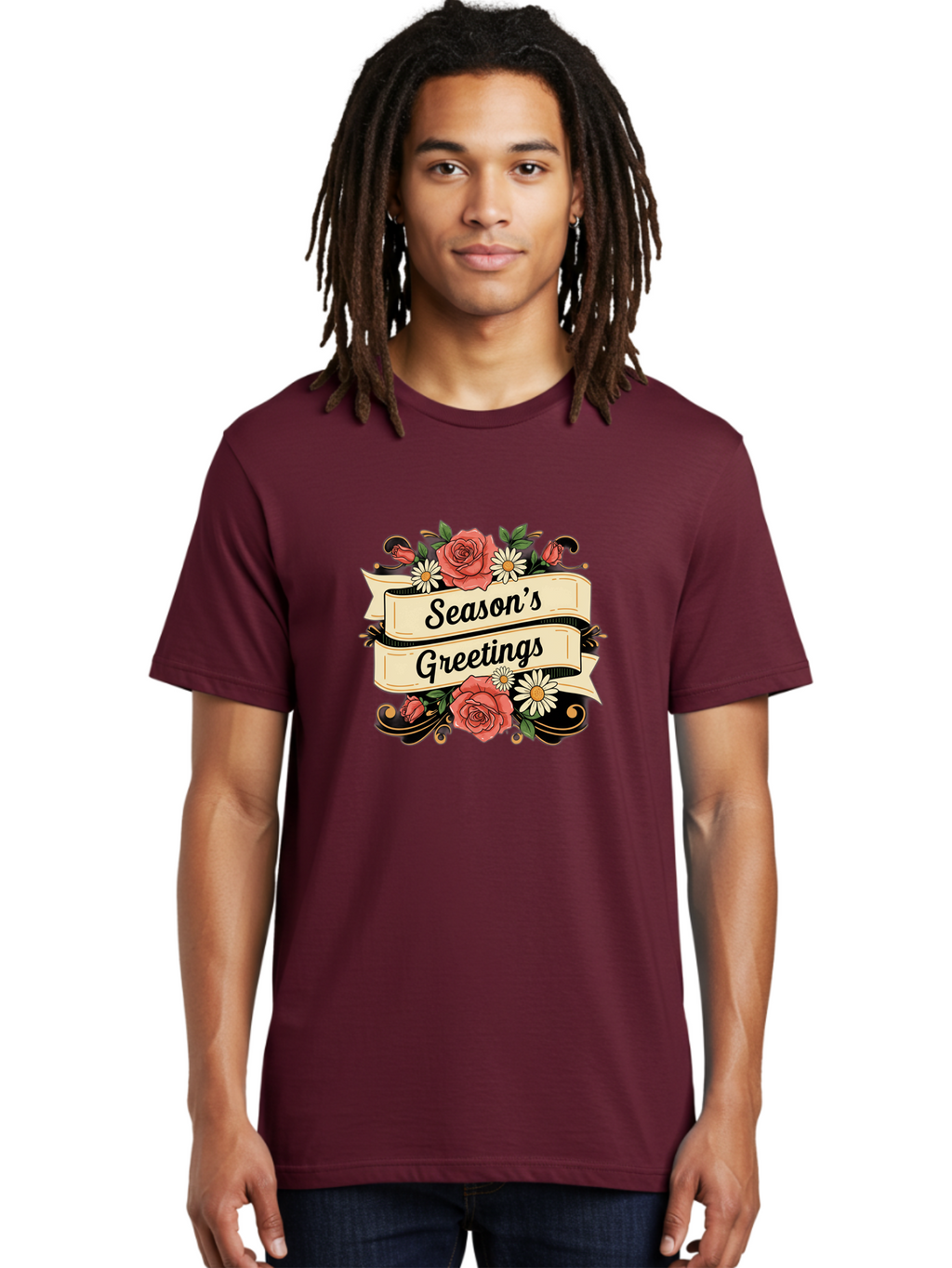 Season-S-Greetings Men'S Graphic Tee, 100% Cotton, Comfortable Casual Summer Wear, Machine Washable, Vintage Floral Design, Roses And Daisies, Festive Holiday Greeting, Elegant Black Script, Classic Christmas Theme, Warm Winter Wishes, Bab388