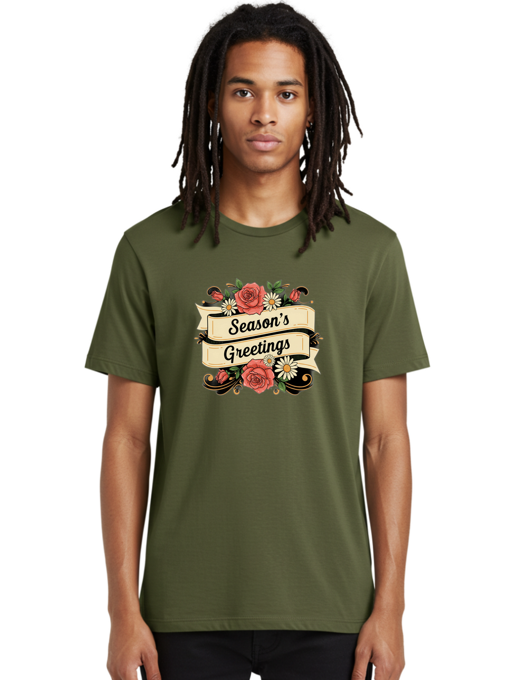 Season-S-Greetings Men'S Graphic Tee, 100% Cotton, Comfortable Casual Summer Wear, Machine Washable, Vintage Floral Design, Roses And Daisies, Festive Holiday Greeting, Elegant Black Script, Classic Christmas Theme, Warm Winter Wishes, Bab388