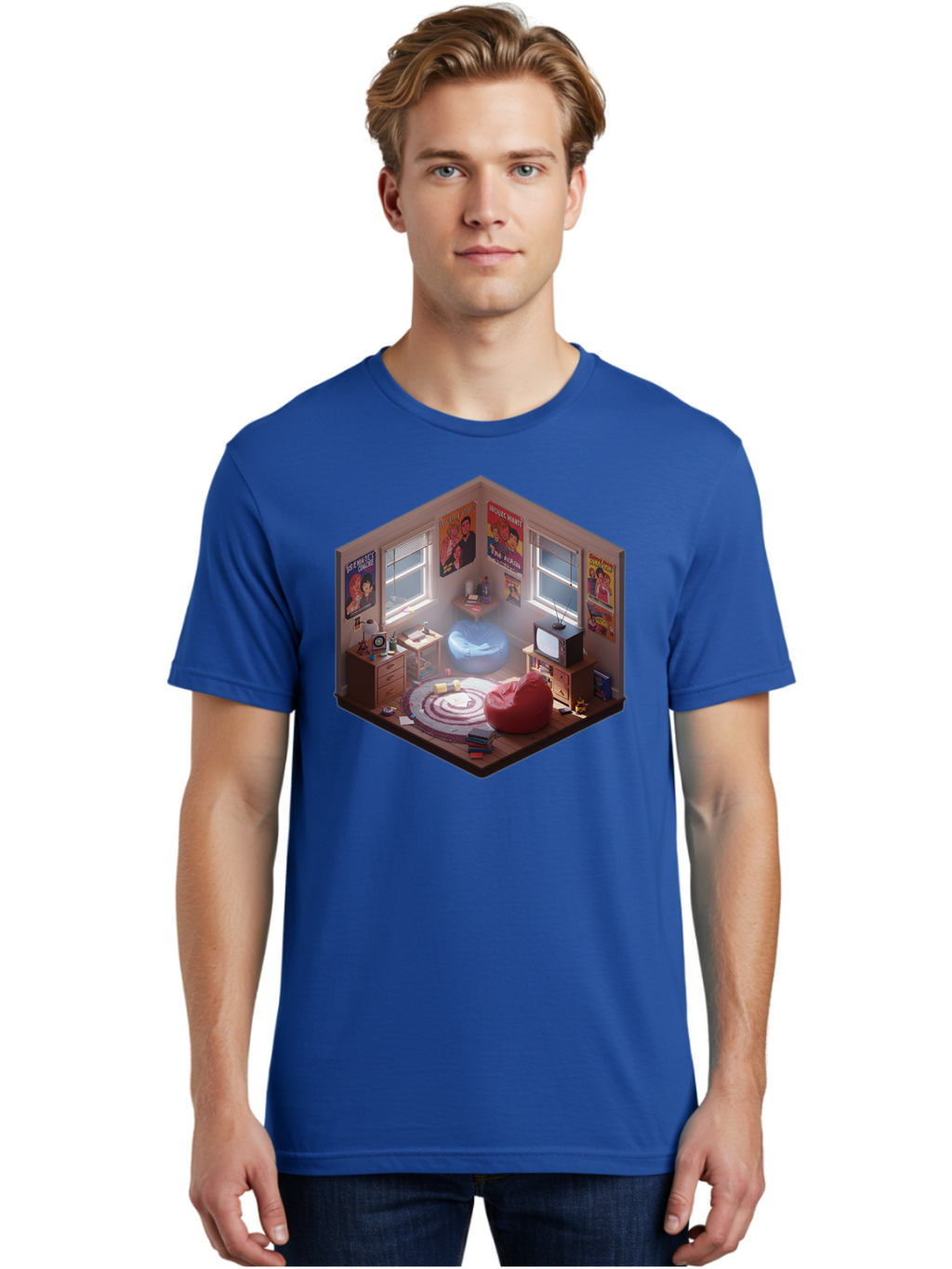 Seinfeld-Bedroom Men'S Graphic Tee, 100% Cotton, Comfortable Casual Summer Wear, Machine Washable, Isometric Bedroom, Cozy Interior Design, Retro Decor, Bean Bag Chair, Vintage Tv, Movie Posters, 90S Nostalgia, Hipster Room, Movie Memorabilia, Bab390