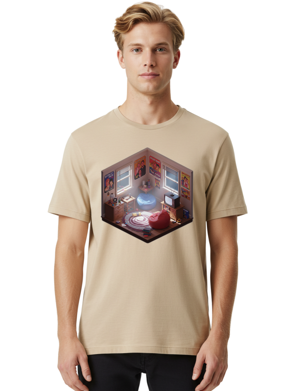 Seinfeld-Bedroom Men'S Graphic Tee, 100% Cotton, Comfortable Casual Summer Wear, Machine Washable, Isometric Bedroom, Cozy Interior Design, Retro Decor, Bean Bag Chair, Vintage Tv, Movie Posters, 90S Nostalgia, Hipster Room, Movie Memorabilia, Bab390