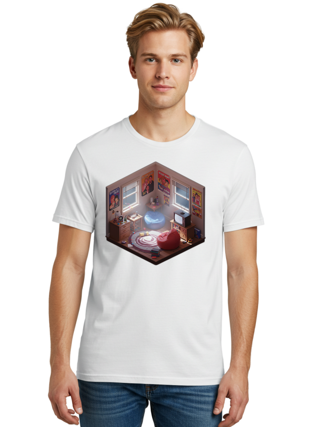 Seinfeld-Bedroom Men'S Graphic Tee, 100% Cotton, Comfortable Casual Summer Wear, Machine Washable, Isometric Bedroom, Cozy Interior Design, Retro Decor, Bean Bag Chair, Vintage Tv, Movie Posters, 90S Nostalgia, Hipster Room, Movie Memorabilia, Bab390