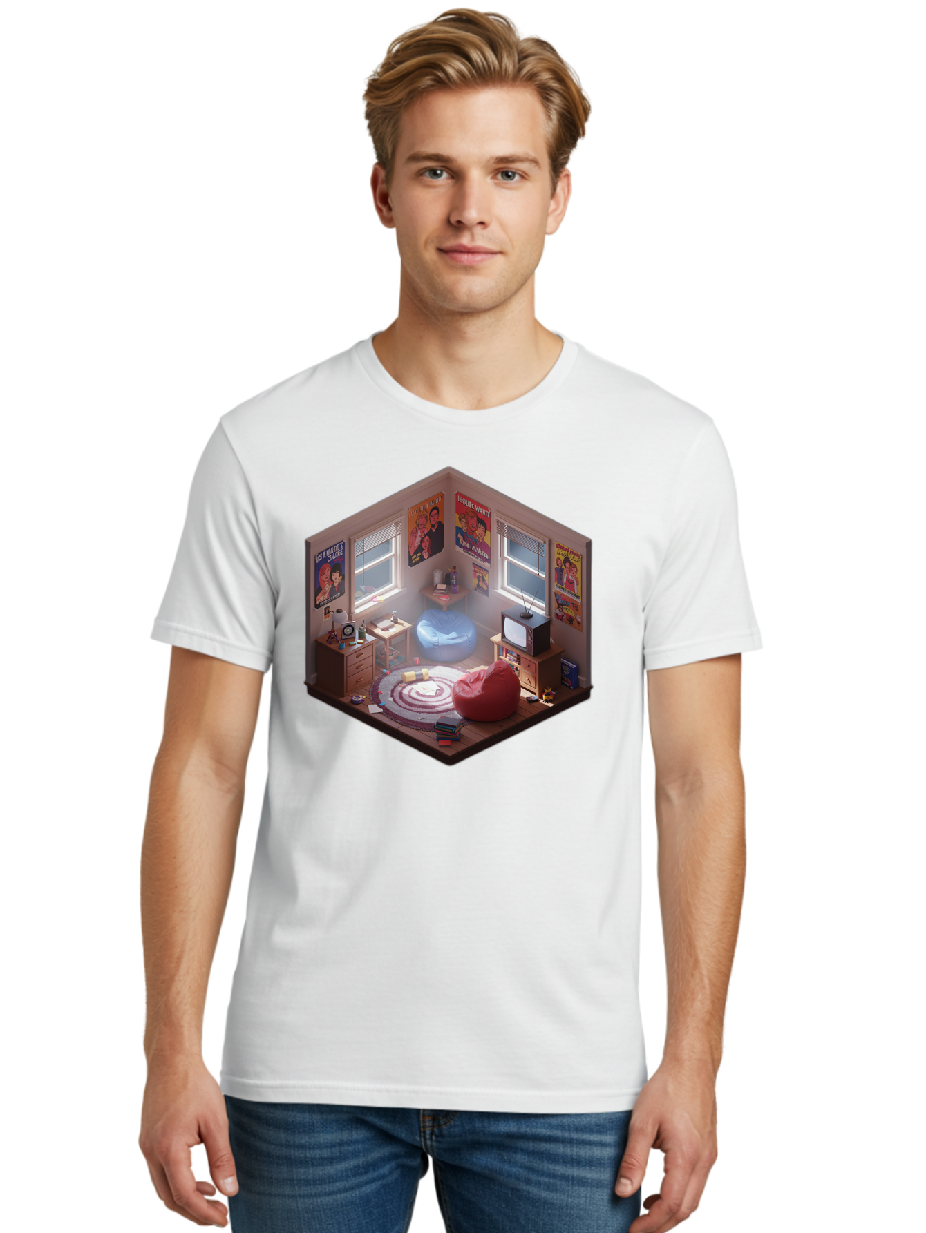 Seinfeld-Bedroom Men'S Graphic Tee, 100% Cotton, Comfortable Casual Summer Wear, Machine Washable, Isometric Bedroom, Cozy Interior Design, Retro Decor, Bean Bag Chair, Vintage Tv, Movie Posters, 90S Nostalgia, Hipster Room, Movie Memorabilia, Bab390