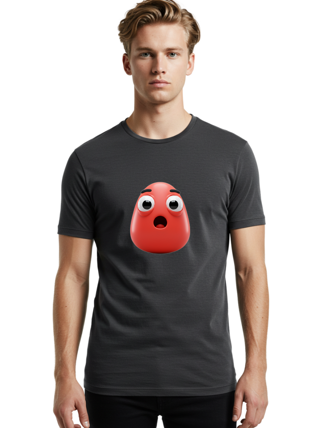 Shocked-Emoji Men'S Graphic Tee, 100% Cotton, Comfortable Casual Summer Wear, Machine Washable, Shocked Face, Surprised Expression, Cartoon Emoji, Red Color, Eyebrow Raised, Mouth Agape, Astonished Look, Funny Face, Emoticon, 3D Rendering, Bab393