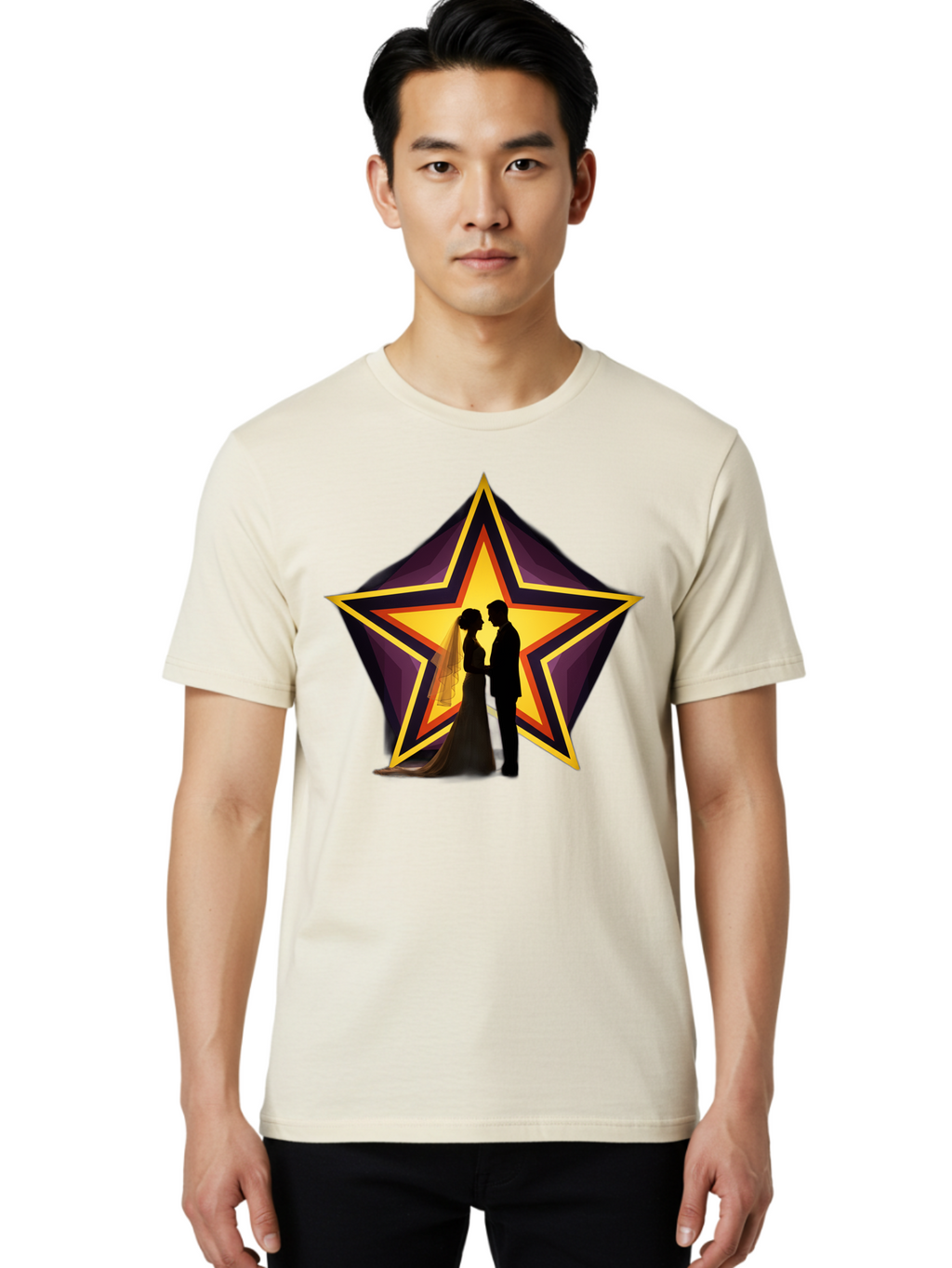 Silhouette-Couple-Star Men'S Graphic Tee, 100% Cotton, Comfortable Casual Summer Wear, Machine Washable, Newlywed Couple, Silhouetted Figures, Wedding Vows, Star Symbol, Love And Unity, Romantic Moment, Couple'S Love, Wedding Inspiration, Bab394