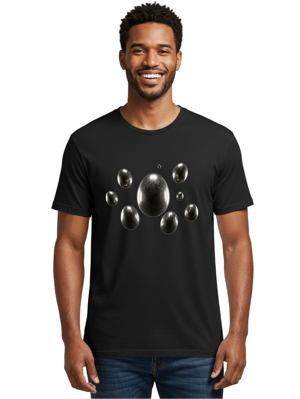 Silver-Egg Men'S Graphic Tee, 100% Cotton, Comfortable Casual Summer Wear, Machine Washable, Silver Bubbles, Shiny Spheres, Reflective Surfaces, Metallic Sheen, Bubble Cluster, Futuristic Design, Modern Elements, Abstract Shapes, 3D Rendering Bab395