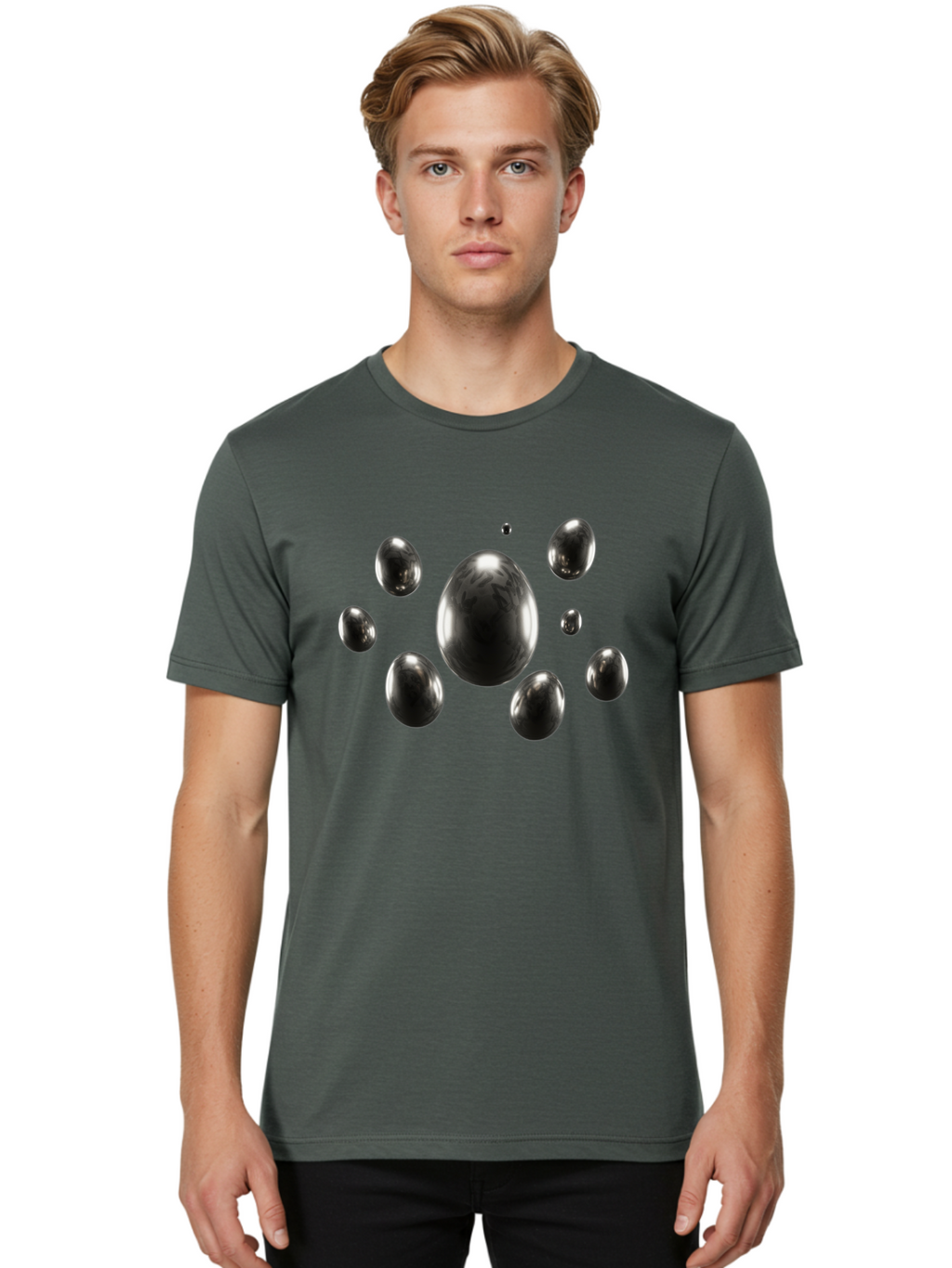Silver-Egg Men'S Graphic Tee, 100% Cotton, Comfortable Casual Summer Wear, Machine Washable, Silver Bubbles, Shiny Spheres, Reflective Surfaces, Metallic Sheen, Bubble Cluster, Futuristic Design, Modern Elements, Abstract Shapes, 3D Rendering Bab395