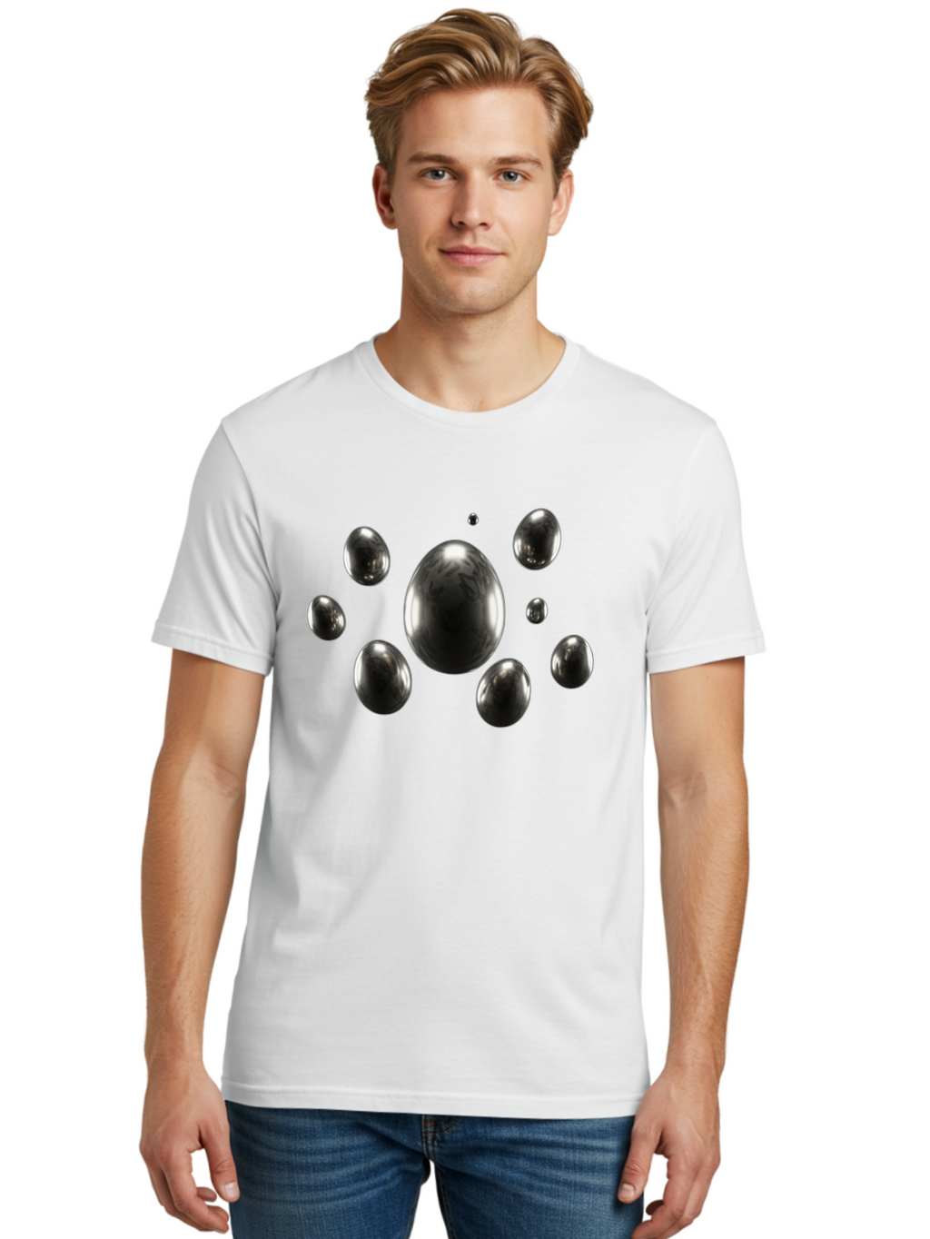 Silver-Egg Men'S Graphic Tee, 100% Cotton, Comfortable Casual Summer Wear, Machine Washable, Silver Bubbles, Shiny Spheres, Reflective Surfaces, Metallic Sheen, Bubble Cluster, Futuristic Design, Modern Elements, Abstract Shapes, 3D Rendering Bab395