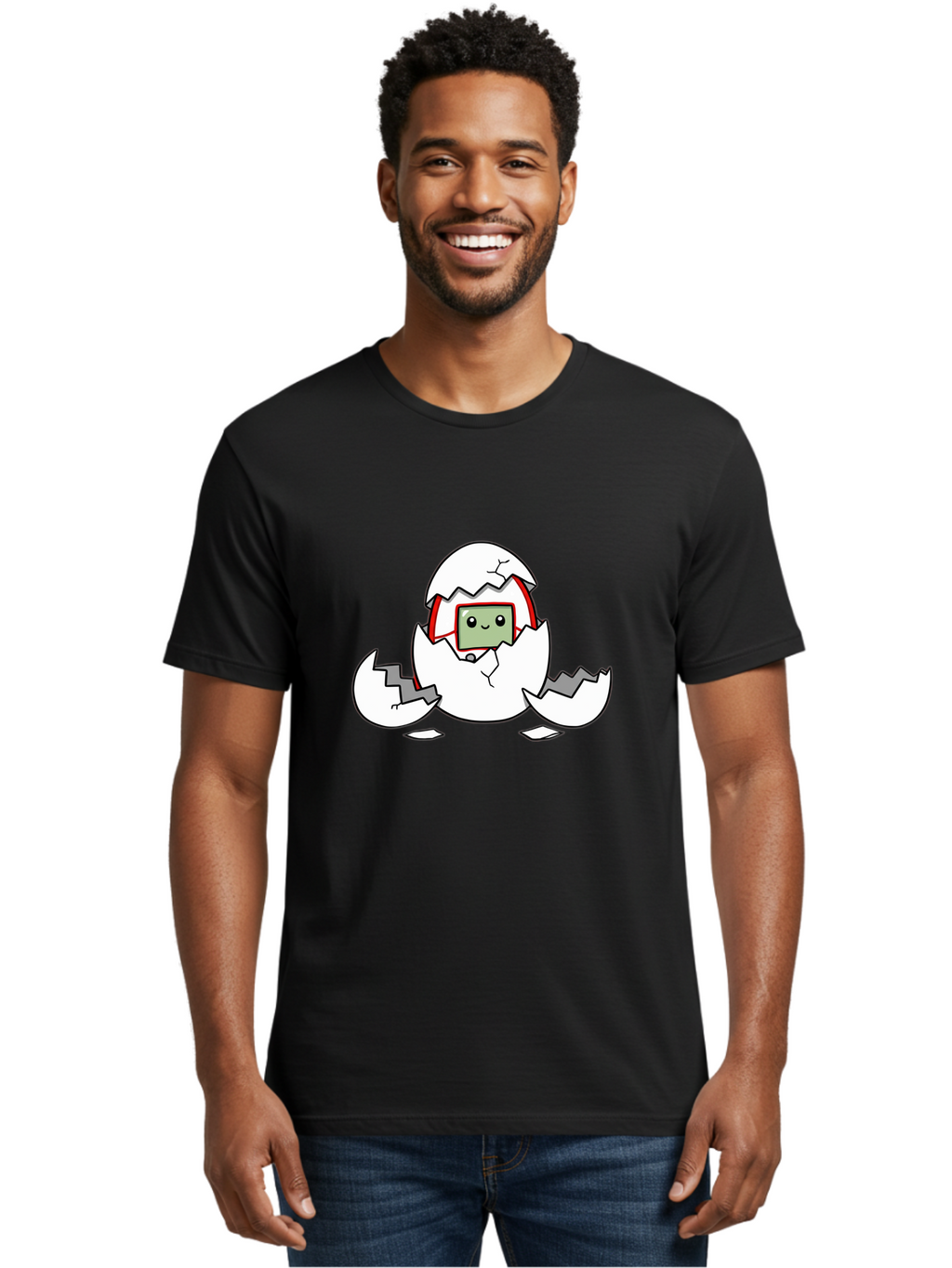 Sim-Card-Hatching Men'S Graphic Tee, 100% Cotton, Comfortable Casual Summer Wear, Machine Washable, Sim Card Hatching From Egg, Cartoon Character, Digital Technology, Telecommunications, Cute Illustration, Broken Eggshell, New Beginnings Bab396