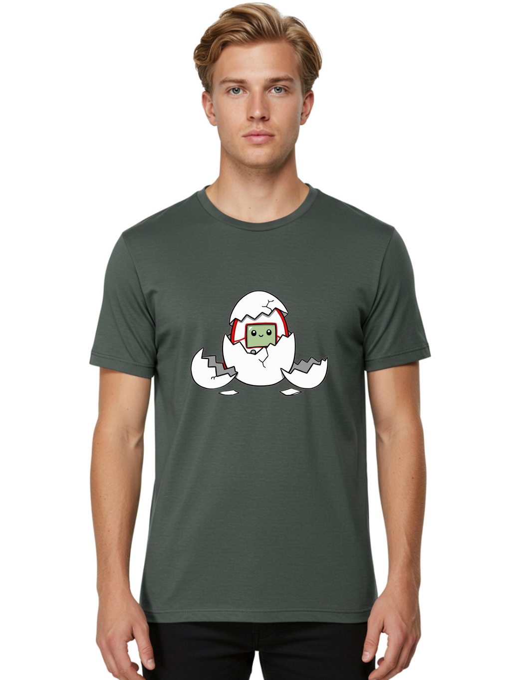 Sim-Card-Hatching Men'S Graphic Tee, 100% Cotton, Comfortable Casual Summer Wear, Machine Washable, Sim Card Hatching From Egg, Cartoon Character, Digital Technology, Telecommunications, Cute Illustration, Broken Eggshell, New Beginnings Bab396