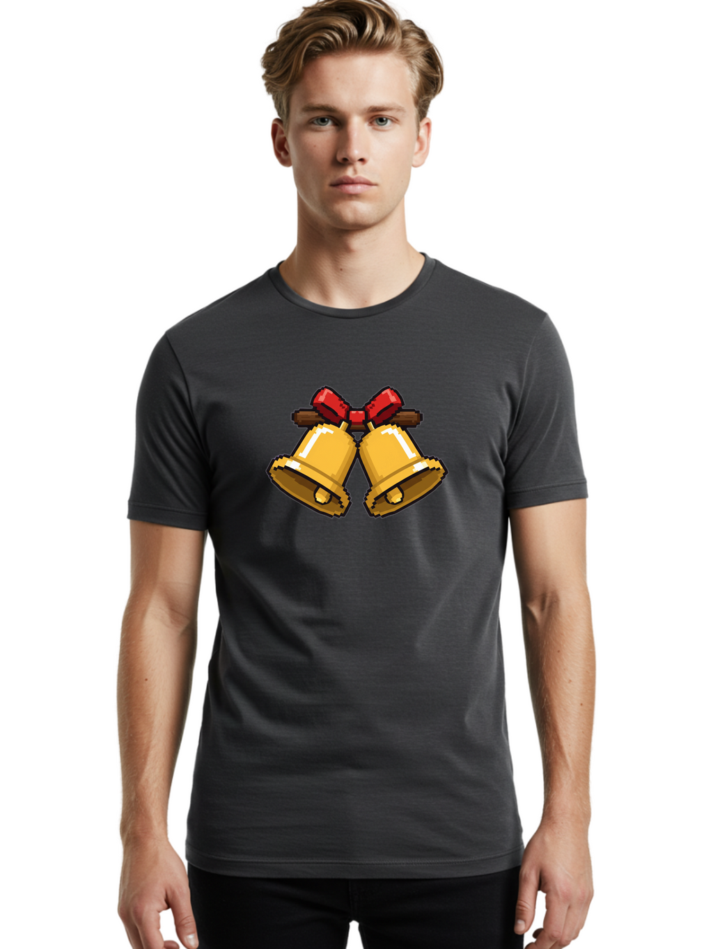 Sleigh-Bells Men'S Graphic Tee, 100% Cotton, Comfortable Casual Summer Wear, Machine Washable, Gold Bells, Christmas Decorations, Festive Decor, Holiday Cheer, Jingling Bells, Red Bow, Christmas Symbolism, Winter Wonderland, Seasonal Greetings Bab399