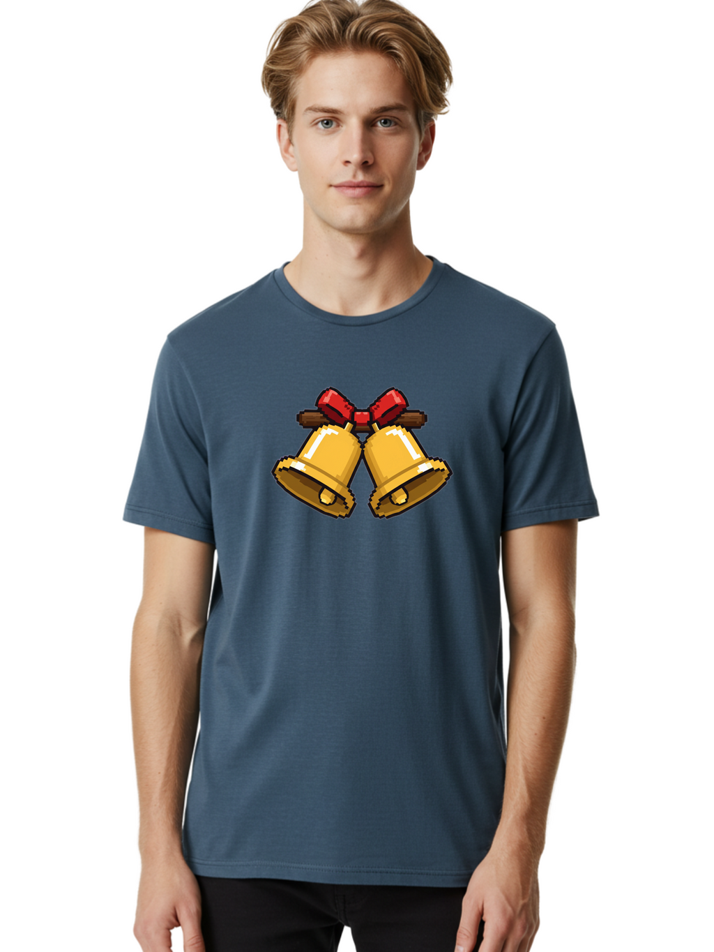Sleigh-Bells Men'S Graphic Tee, 100% Cotton, Comfortable Casual Summer Wear, Machine Washable, Gold Bells, Christmas Decorations, Festive Decor, Holiday Cheer, Jingling Bells, Red Bow, Christmas Symbolism, Winter Wonderland, Seasonal Greetings Bab399