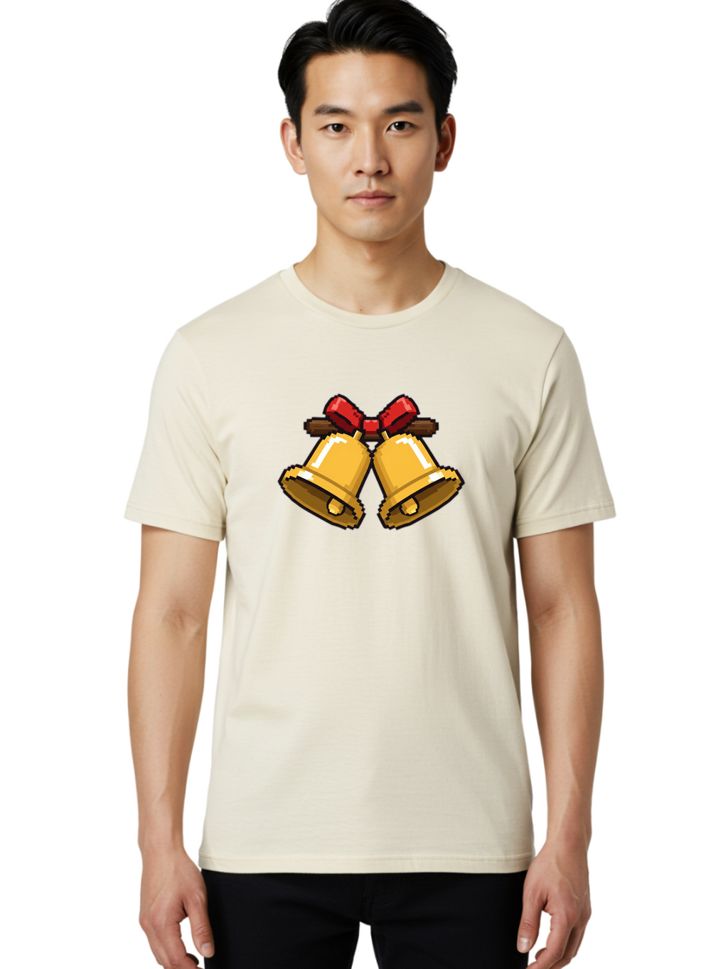 Sleigh-Bells Men'S Graphic Tee, 100% Cotton, Comfortable Casual Summer Wear, Machine Washable, Gold Bells, Christmas Decorations, Festive Decor, Holiday Cheer, Jingling Bells, Red Bow, Christmas Symbolism, Winter Wonderland, Seasonal Greetings Bab399
