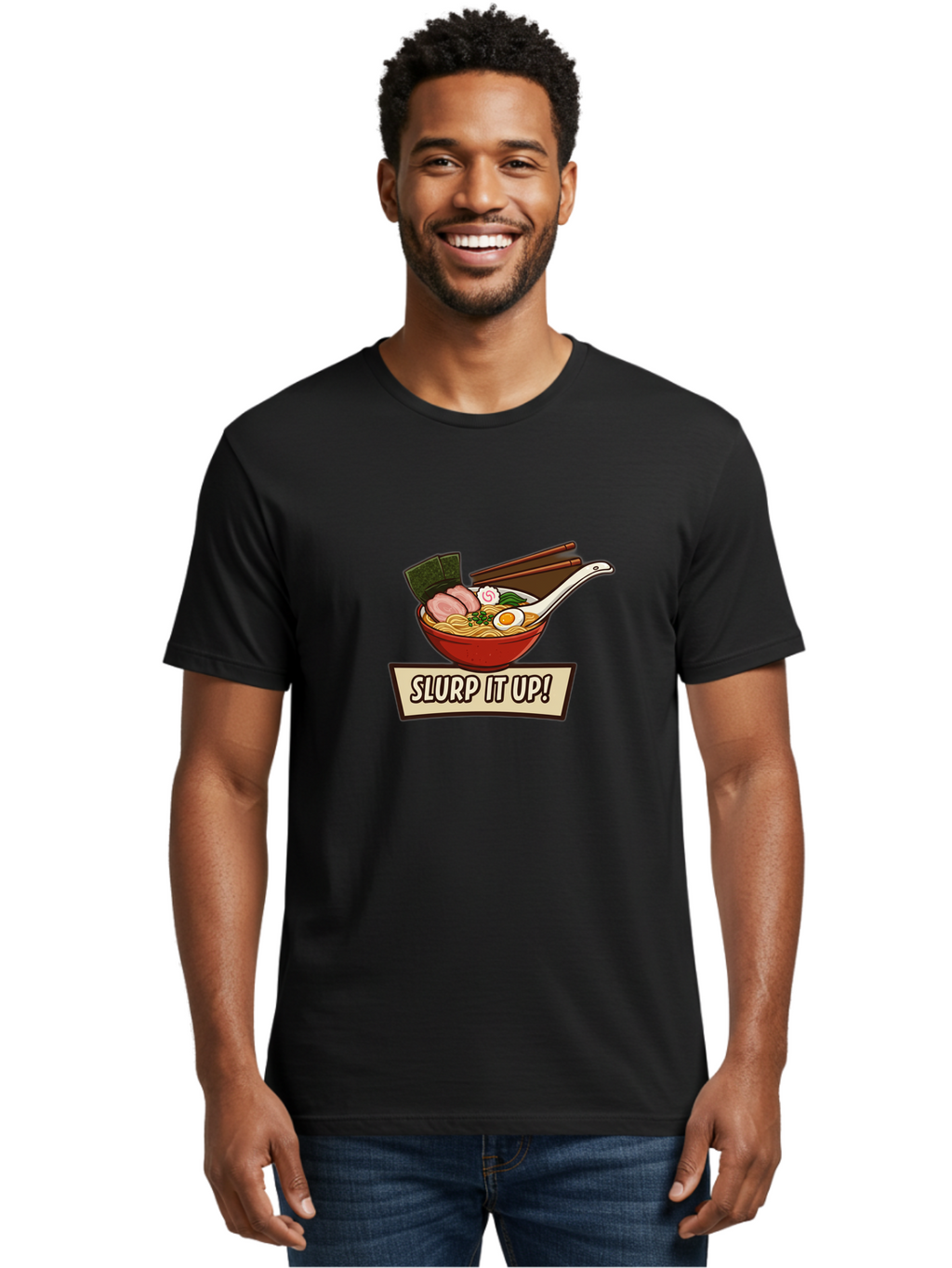 Slurp-It-Up Men'S Graphic Tee, 100% Cotton, Comfortable Casual Summer Wear, Machine Washable, Steaming Hot Ramen, Japanese Noodle Soup, Egg, Pork Slices, Seaweed, Chopsticks, Savory Meal, Comfort Food, Slurp It Up Bab400